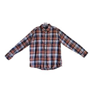 EDDIE BAUER Men's L Flannel Shirt Plaid Brown Blue Button Up Cotton Chest 44"